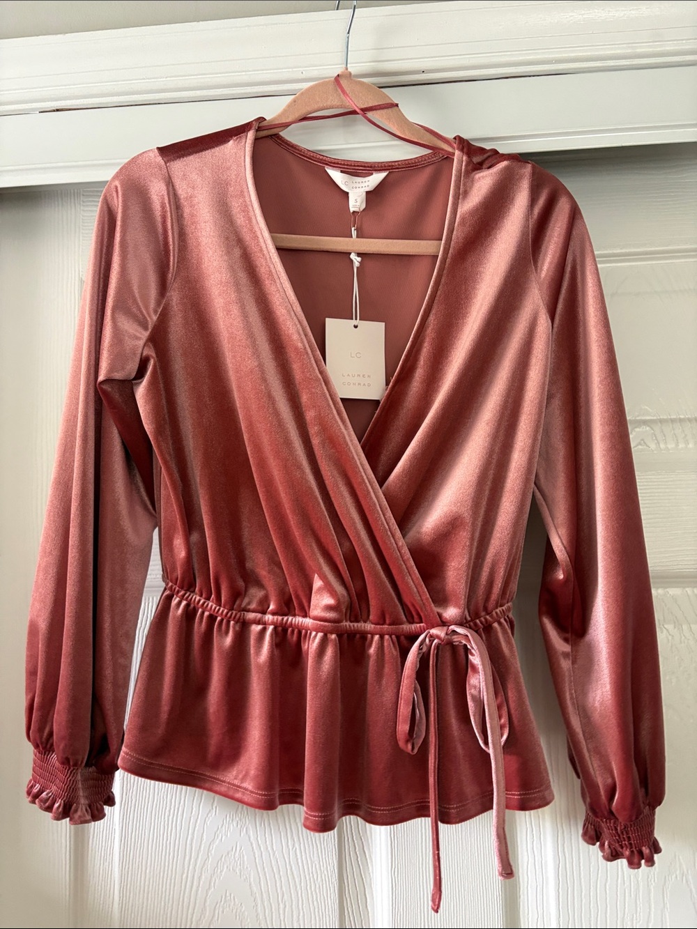 LC Lauren Conrad Rose Pink Velvet Wrap Blouse